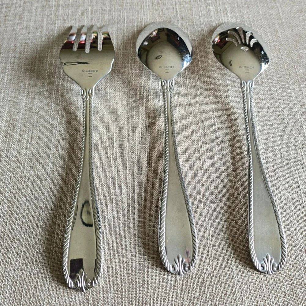 Lenox Tudor Bead Serving 3pc‎ set Fork Spoon Pierced Spoon 18/10 Stainless Steel
